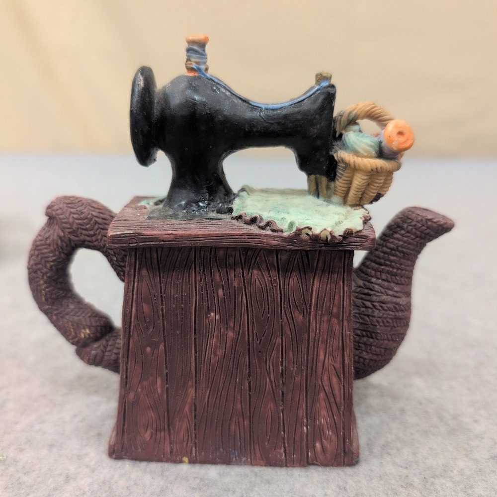 Vintage Style Sewing Machine Teapot Figurine Knitting Girl Cat Resin Decor - Picture 3 of 6